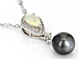Pre-Owned Cultured Tahitian Pearl, Ethiopian Opal & White Zircon Rhodium Over Silver Pendant With Ch