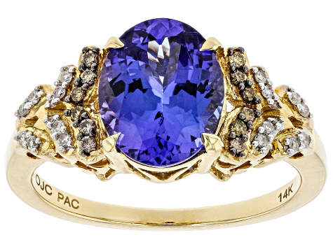 Pre-Owned Blue Tanzanite, White, And Champagne Diamond 14k Yellow Gold Ring 2.44ctw