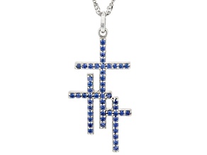 Pre-Owned Blue Cubic Zirconia Rhodium Over Silver Triple Cross Pendant With Chain