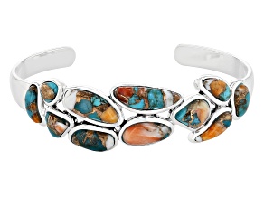 Pre-Owned Blended Turquoise and Spiny Oyster Shell Rhodium Over Silver Cuff Bracelet