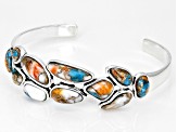 Pre-Owned Blended Turquoise and Spiny Oyster Shell Rhodium Over Silver Cuff Bracelet
