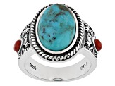 Pre-Owned Blue Turquoise and Red Coral Sterling Silver Ring