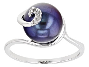 Pre-Owned Black Cultured Freshwater Pearl With Diamond Accent Rhodium Over Sterling Silver Ring