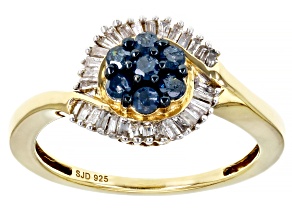 Pre-Owned Blue And White Diamond 14k Yellow Gold Over Sterling Silver Cluster Ring 0.55ctw