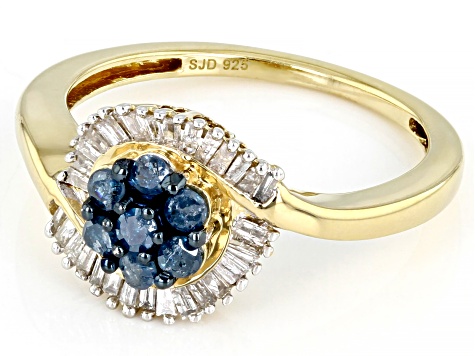 Pre-Owned Blue And White Diamond 14k Yellow Gold Over Sterling Silver Cluster Ring 0.55ctw