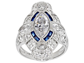 Pre-Owned Lab Created Blue Spinel And White Cubic Zirconia Rhodium Over Sterling Silver Ring 4.42ctw