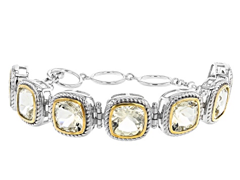 Pre-Owned Cushion Yellow Labradorite Rhodium & 18k Gold Over Silver Two-Tone Bracelet. 22.55ctw