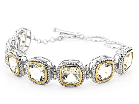 Pre-Owned Cushion Yellow Labradorite Rhodium & 18k Gold Over Silver Two-Tone Bracelet. 22.55ctw