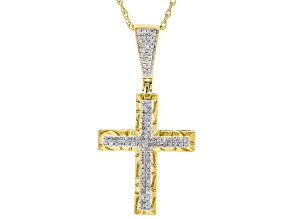 Pre-Owned Engild™ White Diamond 14k Yellow Gold Over Sterling Silver Mens Cross Pendant With Chain 0