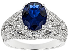 Pre-Owned Lab Created Blue Spinel And White Cubic Zirconia Rhodium Over Sterling Silver Ring 5.53ctw