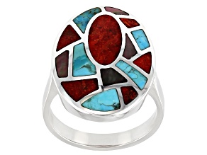 Pre-Owned Red Coral, Turquoise and Mother-of-Pearl Rhodium Over Silver Inlay Ring
