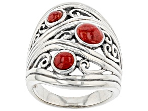 Pre-Owned Red Sponge Coral Rhodium Over Sterling Silver 3 Stone Ring