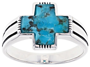 Pre-Owned Mens Turquoise Rhodium Over Sterling Silver Cross Ring