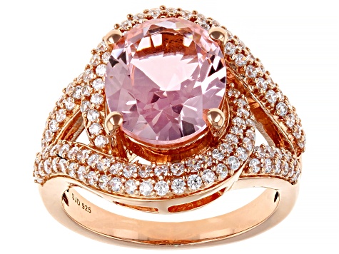 Pre-Owned Morganite Simulant And White Cubic Zirconia 18k Rose Gold Over Sterling Silver Ring 6.30ct
