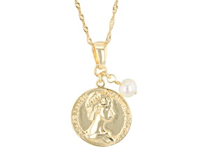 Pre-Owned Coin Replica With Cultured Freshwater Pearl 18k Gold Over Sterling Silver Pendant With Cha