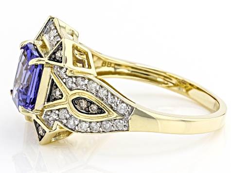 Pre-Owned Blue Tanzanite With White And Champagne Diamond 14k Yellow Gold Center Design Ring 1.84ctw