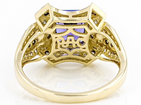 Pre-Owned Blue Tanzanite With White And Champagne Diamond 14k Yellow Gold Center Design Ring 1.84ctw