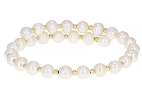 Pre-Owned White Cultured Freshwater Pearl 14k Yellow Gold Wrap Bracelet