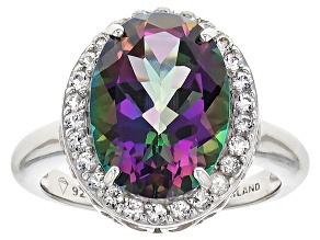 Pre-Owned Mystic Topaz® And White Topaz Rhodium Over Sterling Silver Ring. 7.67ctw
