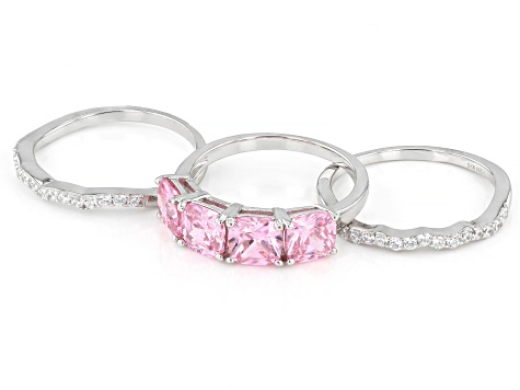 Pre-Owned Pink And White Cubic Zirconia Rhodium Over Sterling Silver 3 Ring Set 7.54ctw