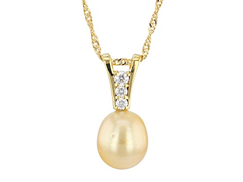 Pre-Owned Golden Cultured South Sea Pearl With Moissanite 18k Yellow Gold Over Sterling Silver Penda