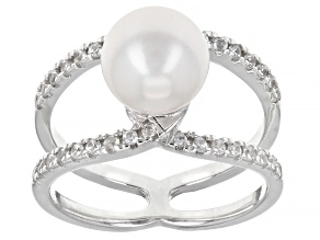 Pre-Owned White Cultured Japanese Akoya & White Zircon Rhodium Over Sterling Silver Ring