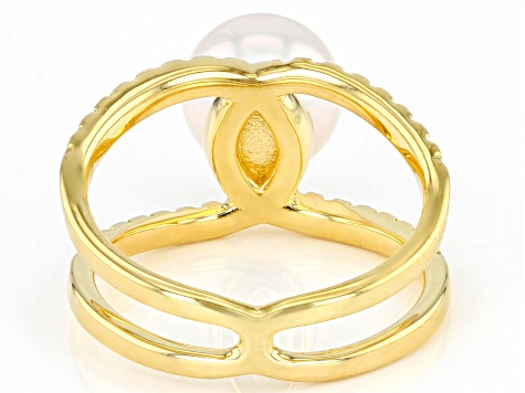 Pre-Owned White Cultured Japanese Akoya & White Zircon  18k Yellow Gold Over Sterling Silver Ring