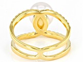 Pre-Owned White Cultured Japanese Akoya & White Zircon  18k Yellow Gold Over Sterling Silver Ring