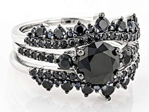 Pre-Owned Black Spinel Rhodium Over Sterling Silver Ring Set 3.03ctw