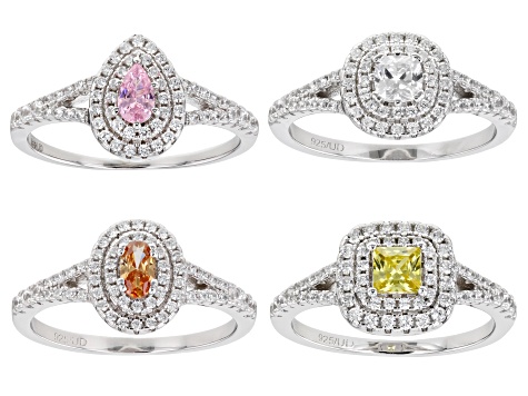 Pre-Owned Multicolor Cubic Zirconia Rhodium Over Sterling Silver Rings Set of 4 3.90ctw