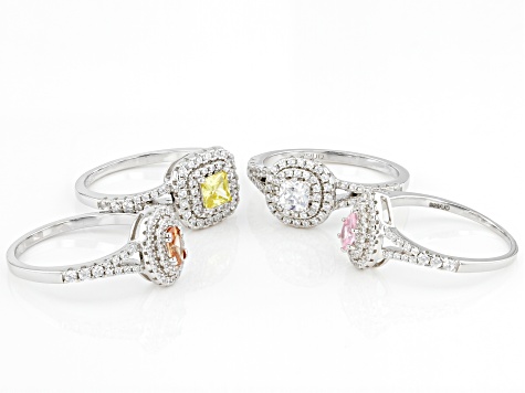 Pre-Owned Multicolor Cubic Zirconia Rhodium Over Sterling Silver Rings Set of 4 3.90ctw