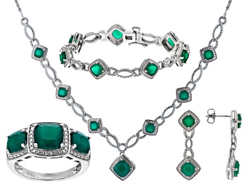 Picture of Pre-Owned Green Onyx And White Diamond Rhodium Over Brass Necklace, Bracelet, Ring And Earring Set 7