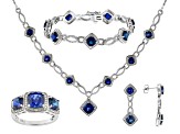 Pre-Owned Blue Lab Sapphire & Diamond Rhodium Over Brass Necklace, Bracelet, Ring & Earring Set 18.4