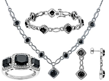Picture of Pre-Owned Black Spinel And White Diamond Rhodium Over Brass Necklace, Bracelet, Ring And Earring Set