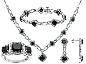 Pre-Owned Black Spinel And White Diamond Rhodium Over Brass Necklace, Bracelet, Ring And Earring Set