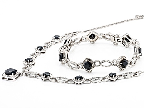 Pre-Owned Black Spinel And White Diamond Rhodium Over Brass Necklace, Bracelet, Ring And Earring Set