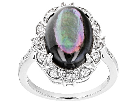 Pre-Owned Black Mother-Of-Pearl With White Zircon Rhodium Over Sterling Silver Ring
