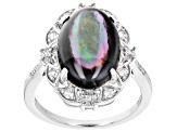 Pre-Owned Black Mother-Of-Pearl With White Zircon Rhodium Over Sterling Silver Ring