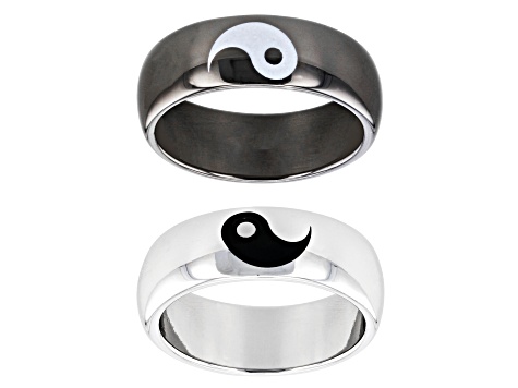 Pre-Owned Silver and Black Tone Set of Two Yin and Yang Ring