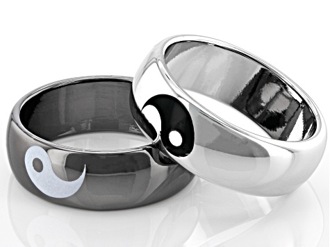 Pre-Owned Silver and Black Tone Set of Two Yin and Yang Ring