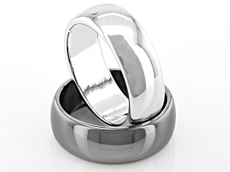 Pre-Owned Silver and Black Tone Set of Two Yin and Yang Ring