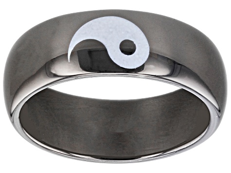 Pre-Owned Silver and Black Tone Set of Two Yin and Yang Ring
