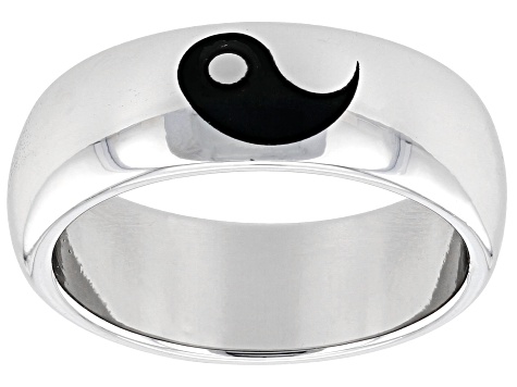 Pre-Owned Silver and Black Tone Set of Two Yin and Yang Ring