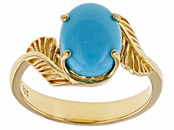 Picture of Pre-Owned Blue Sleeping Beauty Turquoise 18k Yellow Gold Over Sterling Silver Solitaire Ring
