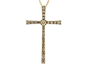 Pre-Owned Champagne Diamond 10K Yellow Gold Cross Pendant With Singapore Chain 1.00ctw