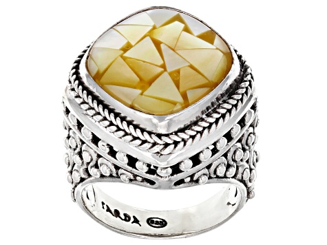 Pre-Owned Mosaic Golden Mother-of-Pearl Silver Ring