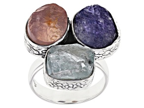 Pre-Owned Freeform Blue Tanzanite, Pink Rose Quartz and Blue  Aquamarine Sterling Silver Ring