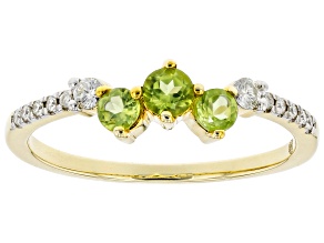 Pre-Owned Green Peridot and White Diamond 14k Yellow Gold 3-Stone Ring 0.53