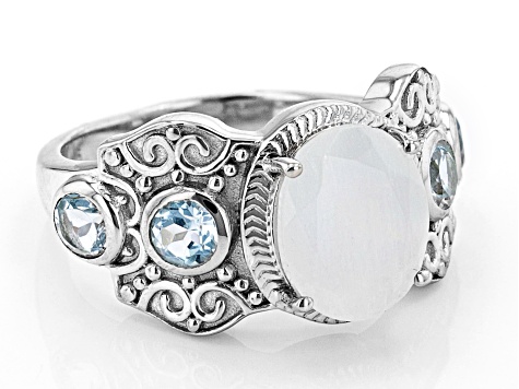 Pre-Owned White Rainbow Moonstone Rhodium Over Sterling Silver Ring 0.71ctw