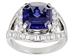 Pre-Owned Blue And White Cubic Zirconia Rhodium Over Sterling Silver Asscher Cut Ring 10.04ctw